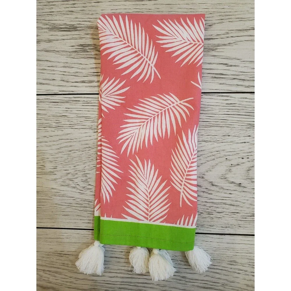 Design Mainstream International Pink Palm Print Tasseled Tea Towels Set of 6